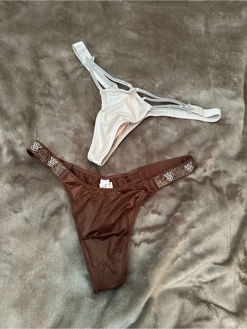 Victoria's Secret White and Brown Satin Thong Set
